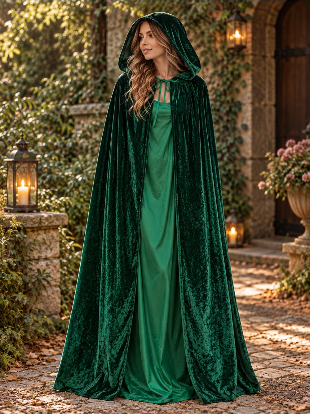 Long green crushed velvet Halloween costume renaissance cosplay cloak